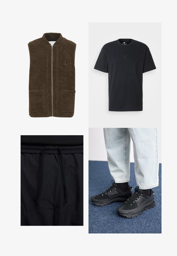 Brown fleece vest with a high collar, front zipper, and two side pockets. Textured material with a soft, plush finish.; Nike black cotton t-shirt with a classic crew neck, short sleeves, and a subtle, embossed logo on the chest. Smooth texture.; Black shorts featuring a drawstring waistband, lightweight fabric with a smooth texture, and a simple design without visible logos or patterns.; Black athletic shoes with textured fabric and rubber soles, featuring elastic laces and a blue accent on the heel. Worn with light denim pants.