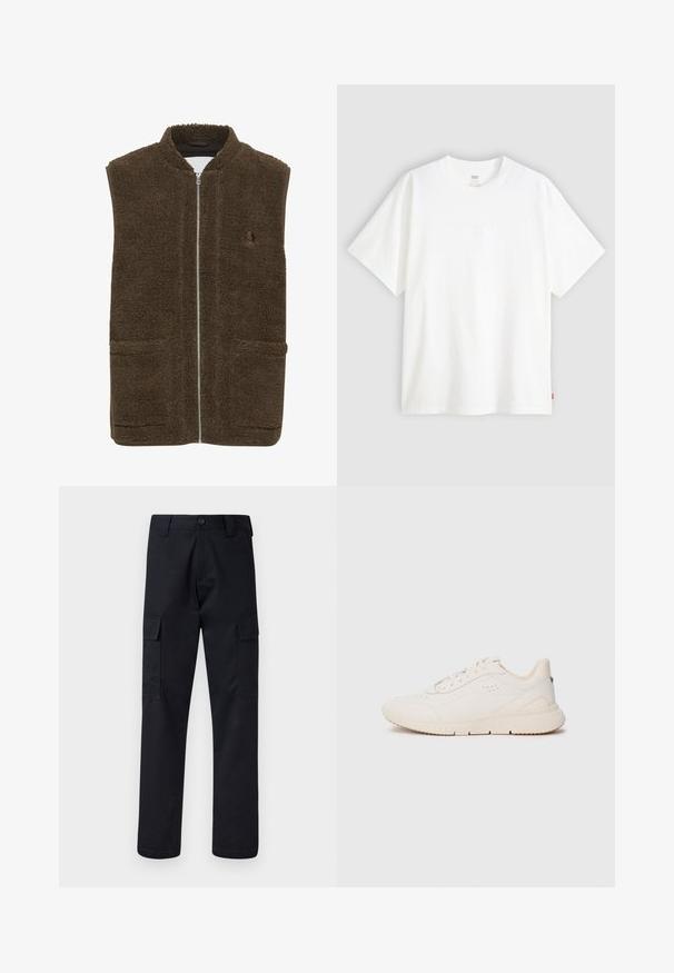 Ruskea fleece-liivi, jossa on korkea kaulus, etuvetoketju ja kaksi sivutaskua. Kankaan pinta on teksturoitu ja pehmeä, pörröinen.; Valkoinen lyhythihainen t-paita, joka on valmistettu puuvillasta ja jossa on pyöreä pääntie. Etupuolella on hienovarainen kohokuvioitu logo ja helmassa punainen etiketti.; Mustat cargo-housut, jotka on valmistettu kestävästä kankaasta, suora lahkeensuukko, kaksi sivutaskua ja napin suljenta vyötäröllä.; Valkoiset tennarit, joissa on teksturoitu materiaali, sileä pohja, nauhakiinnitys edessä ja huomaamaton brändäys kantapäässä. Minimalistinen muotoilu.