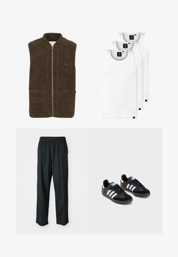 Braun-fleece Weste mit hohem Kragen, Frontreißverschluss und zwei seitlichen Taschen. Strukturmaterial mit einer weichen, plüschigen Oberfläche.; Drei weiße, gerippte Tanktops aus Baumwolle. Merkmale einen Rundhalsausschnitt und kleine schwarze Etiketten am Saum. In mehreren Größen erhältlich.; Schwarze Sporthosen mit elastischem Bund, aus glattem Stoff, mit dezenten Seitennähten und einem entspannten Schnitt, mit geradem Bein.; Schwarze Sneaker mit einem Obermaterial aus Wildleder und Synthetik, ausgestattet mit drei weißen Streifen, einer strukturierten Gummi-Sohle und einem blauen Logo-Tag auf der Zunge.