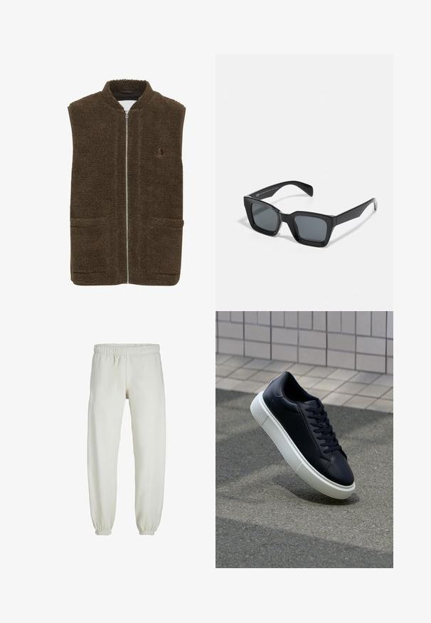 Pruun fliistevest kõrge kraega, esimeses lukus ja kahe küljetaskuga. Tekstuuriga materjal pehme ja karvase viimistlusega.; Valge puuvillane T-särk lühikeste varrukatega, ümar kaelus ja must prinditud "Club1990" vasakul rinnapiiril. Rikkaliku lõikega.; Valged trennipüksid, mis on valmistatud pehmest kangast, elastse vöökoha ja mansettidega, sileda tekstuuri ja lõdva lõikega.; Mustast nahast tennisetoss, millel on ümar nina ja valge kummist tall. Omab siredaid paelu ja minimaalset õmblemist ülemises osas. Tekstuuriga tald, mis tagab haakuvuse.; Mustad ristkülikukujulised prillid tumedate läätsedega. Plastist raam, millel on läikiv viimistlus, laia sillaga ja veidi kitsenevad käepidemed.