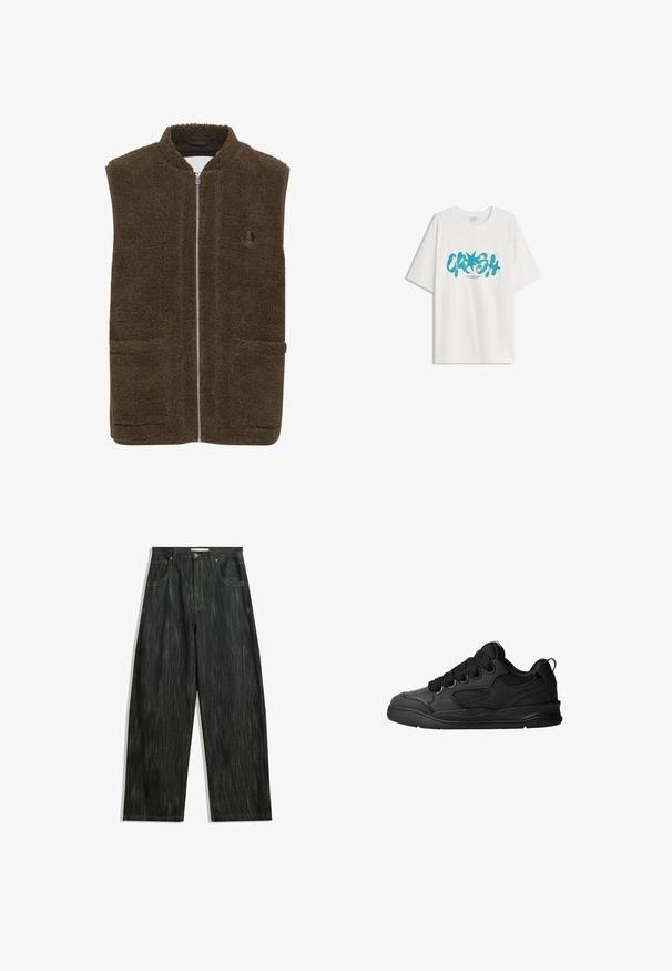Hnedý flísový vest s vysokým golierom, predným zipsom a dvoma bočnými vreckami. Štruktúrovaný materiál s mäkkým, plyšovým povrchom.; Bershka SHORT SLEEVE - Tričko s potlačou - white; Tmavé džíny s voľným strihom, so subtílnou vertikálnou textúrou, žltým prešívaním, piatimi vreckami a klasickým zapínaním na gombík.; Čierne tenisky s textúrovaným zvrškom, s šnúrkami, sieťovinovými akcentmi pre priedušnosť, polstrovaným golierom a pevnou podošvou.