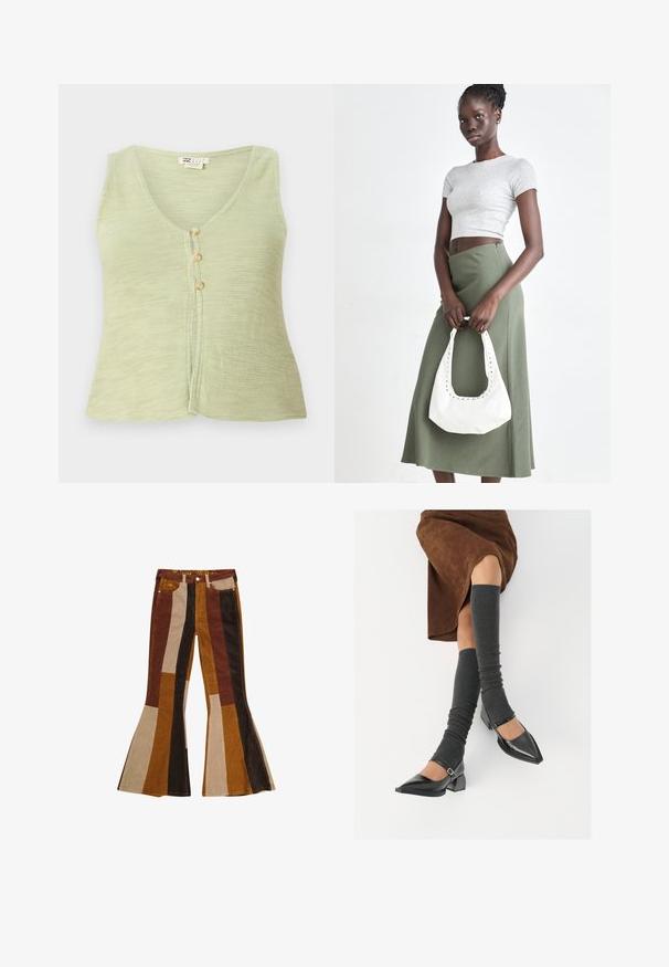 Jasnozielony bezrękawnik z dekoltem w kształcie litery V, trzema guzikami z przodu oraz teksturowanym, dzianinowym materiałem. Prosty i casualowy design.; Biała koszulka krótko rękawowa wykonana z prążkowanej bawełny. Dopasowany krój z okrągłym dekoltem i gładką teksturą. Bez wzorów ani ozdób.; Spodnie dzwony z wypustkami, w poziome paski w brązowym, jasnobrązowym i musztardowym kolorze. Charakterystyczny krój z wysokim stanem i pięcioma kieszeniami.; Czarne lakierowane buty na szpilce z prostokątnym obcasem i paskiem na kostce, zestawione z szarymi prążkowanymi ocieplaczami na nogi oraz brązową zamszową spódnicą.; Szary prążkowany crop top i oliwkowa spódnica o wysokim stanie. Modelka trzyma białą torebkę na ramię z wycięciami. Prosty design, dopasowany krój.