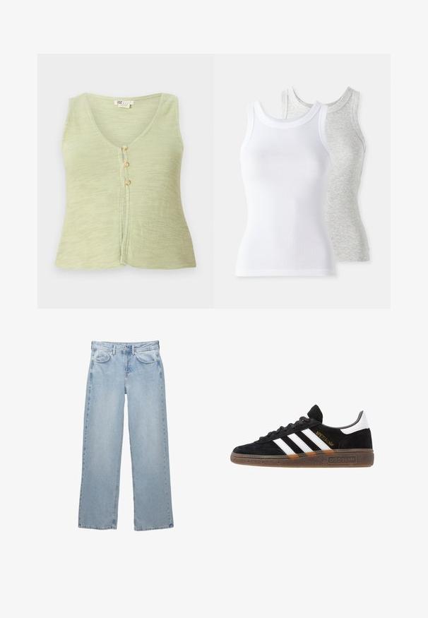 Jasnozielony bezrękawnik z dekoltem w kształcie litery V, trzema guzikami z przodu oraz teksturowanym, dzianinowym materiałem. Prosty i casualowy design.; Dwa bezrękawniki: jeden biały, o prążkowanej fakturze, a drugi jasnoszary z delikatnym wzorem heather. Oba mają okrągłe dekolty.; Jasnoniebieskie dżinsy wykonane z denimu o szerokich nogawkach, z zapięciem na guzik i zamek, pięcioma kieszeniami i minimalistycznymi detalami szycia.; Czarny sneaker Adidas z białymi paskami, złotym napisem "Spezial", gumową podeszwą i białym elementem przy pięcie, przedstawiony w widoku z profilu.