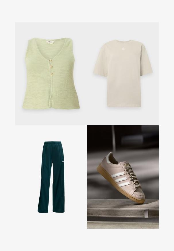 Lys grøn ærmeløs top med v-hals, tre knaplukninger foran og et struktureret strikstof. Simpelt og afslappet design.; Beige T-shirt med korte ærmer lavet af bomuld, med rund hals og lille hvidt Adidas-logo trykt på brystet. Blød tekstur, løs pasform.; Mørk teal træningsbukser lavet af letvægtigt stof, med et simpelt design, elastisk talje og hvide sideaccenter.; Lys beige ruskinds sneaker med hvide striber, gummisål, rund tå og flade snørebånd. Har syede detaljer og guld branding.