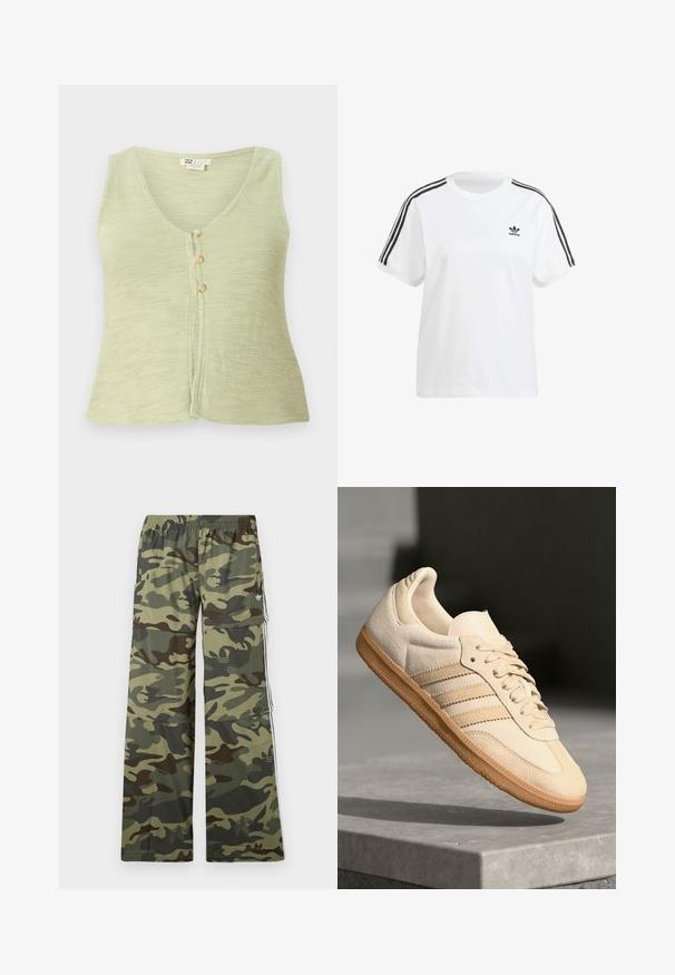 Šviesiai žalia be rankovių palaidinė su V formos iškirpte, priekyje trys mygtukų užsegimai ir tekstūruotas megztas audinys. Paprastas ir neformalus dizainas.; Baltas medvilninis marškinėliai su trumpomis rankovėmis, apvaliu kaklu ir juodomis vertikaliomis juostelėmis ant pečių, ant krūtinės esantis mažas juodas logotipas.; Karoformos kargo kelnės žalios ir rudos spalvų atspalviuose, pasižyminčios plačiomis kojomis, elastinga juosmens linija ir šoninėmis kišenėmis su juostelėmis.; Šviesiai ruda veliūrinė sportinė avalynė su guminiais padais, trimis įstrižomis juostelėmis ir tekstūruotu pirštų apsauginiu. Ant liežuvio ir šono yra logotipas.