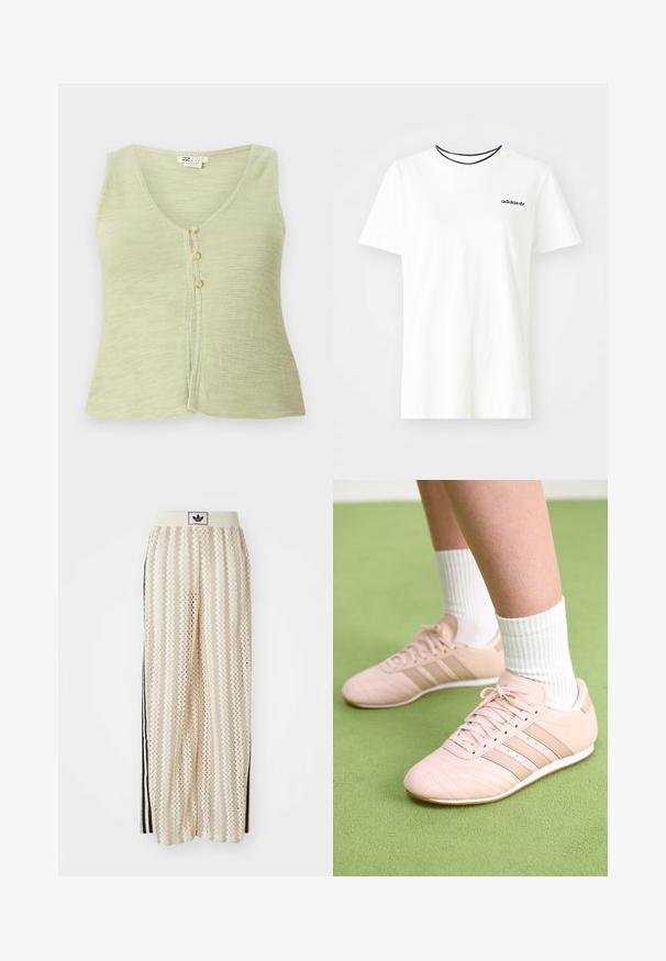 Svjetlozelena majica bez rukava s V izrezom, tri gumba za zatvaranje sprijeda i teksturirana pletenina. Jednostavan i ležeran dizajn.; Bijela pamučna majica kratkih rukava s okruglim izrezom. Ima crni Adidas logo na prsima i kontrastnu crnu unutrašnju ovratniku.; Pantalone širokog kroja krem boje s zigzag uzorkom, koji sadrži sivi pojas s crnim logotipom i bočne crne pruge. Lagani, teksturirani materijal.; Svijetloružičaste atletske tenisice s dijagonalnim šavovima, bijelim potplatima i tri bočne pruge. Nanosene s rebrastim bijelim čarapama na zelenoj površini.