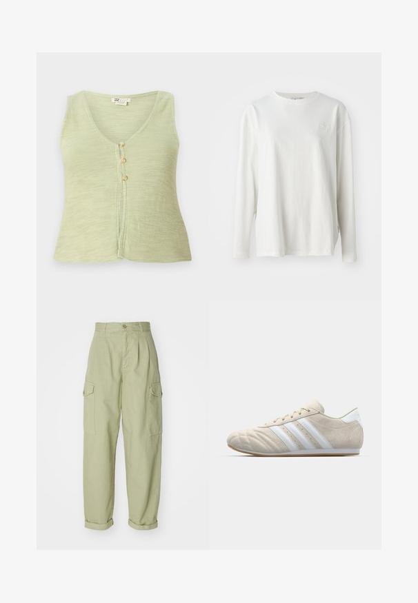 Top verde deschis, fără mâneci, cu decolteu în V, trei nasturi pe față și un material tricotat texturat. Design simplu și casual.; Tricou alb cu mânecă lungă din bumbac, cu guler rotund, umeri lăsați și un logo subtil pe piept. Textură moale.; Pantaloni cargo verde deschis din material textil din bumbac. Dispune de un talie înaltă, manșete răsucite și două buzunare laterale pentru un plus de utilitate.; Pantof cu suede bej deschis, cu vârful rotunjit, design cu trei dungi albe și talpă din cauciuc de tip gumă. Prezintă cusături și un profil jos.