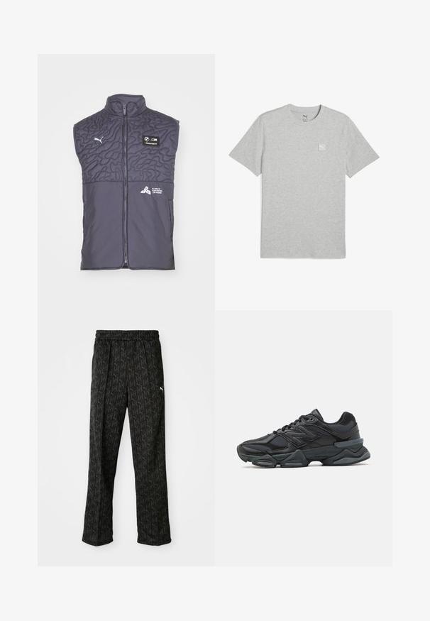 Puma BMW STATEMENT - Vestă - galactic gray; Tricou gri din bumbac, cu guler rotund, mâneci scurte și un mic patch cu logo alb pe partea stângă a pieptului. Textură moale, design simplu.; Pantaloni sport de culoare neagră, cu talie elastică. Au un model repetitiv de logo în gri închis și un accent de logo alb aproape de șold.; Pantofari de alergare negri, cu un amestec de plasă și materiale sintetice, talpă masivă, design curbat și branding proeminent pe lateral.