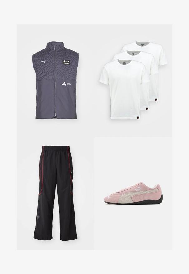 Puma BMW STATEMENT - Weste - galactic gray; Drei schlichte weiße Baumwoll-T-Shirts mit kurzen Ärmeln. Jedes Shirt hat einen runden Ausschnitt und ein kleines schwarzes Logotipo auf der linken Seite.; Schwarze Sporthose mit elastischem Bund, rotem Seiteneinsatz, Reißverschlusstaschen und lockerer Passform. Hergestellt aus leichtem, strukturiertem Material.; Rosa Wildledersneaker mit grauen Akzenten, stromlinienförmigem Design, strukturiertem Obermaterial und schwarzer Gummisohle. Mit dem Puma-Logo an der Seite.
