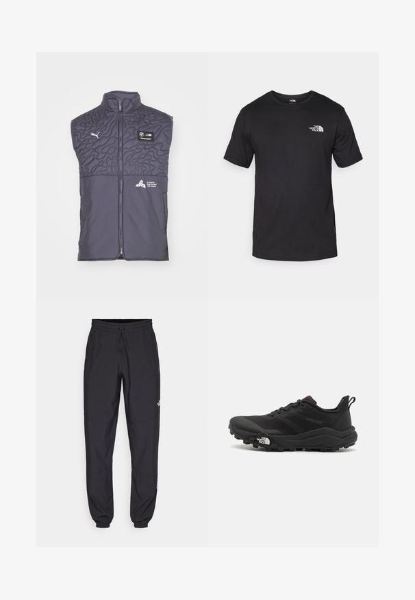 Puma BMW STATEMENT - Vestă - galactic gray; Tricou scurt din bumbac, de culoare neagră, cu guler rotund și un mic logo alb în partea de sus a pieptului stâng.; Pantaloni atletici negri, confecționați dintr-un material ușor, cu un tiv elastic la talie, buzunare laterale și tivuri ajustate la gleznă.; Pantofii de alergare pe teren accidentat, de culoare neagră, cu un superior texturat, talpă din cauciuc și vârf întărit. Prezintă un guler căptușit și o bandă de prindere pentru îmbrăcare ușoară.