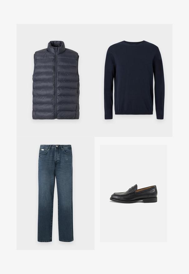 Navyblau gesteppte ärmellose Steppweste mit hohem Kragen und Frontreißverschluss, vor einem hellgrauen Hintergrund präsentiert.; Marineblauer Strickpullover mit langen Ärmeln, Rundhalsausschnitt und gerippten Bündchen sowie Saum. Es hat ein kleines Logo auf der Brust.; Dunkelblaue Jeans aus Denim mit geradem Schnitt, fünf Taschen, Gürtelschlaufen und Reißverschluss. Glatte Textur mit dezenten Ausbleichungen.; Schwarze Leder Slipper mit glatter Oberfläche, runder Spitze und dekorativer Naht auf dem Vorderblatt. Niedriger Blockabsatz und leichter Glanz.