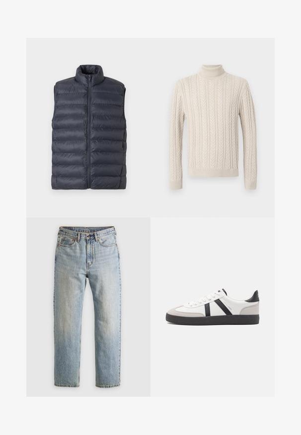 Vest cu guler înalt, din material matlasat, fără mâneci, de culoare albastru marin, cu fermoar pe față, expus pe un fundal gri deschis.; Pulover bej, tricotat, cu guler înalt, cu nervuri. Prezentând un model texturat de cabluri și manșete și tiv cu nervuri, oferind un aspect confortabil.; Jeans din denim de culoare albastru deschis, cu talie înaltă, nasture frontal, fermoar și design cu cinci buzunare, așezate platesc pe un fundal neutru.; Sneaker alb cu accente negre și gri, având un capac de vârf gri texturat, talpă din cauciuc negru și șireturi plate albe. Design elegant, stil minimalist.