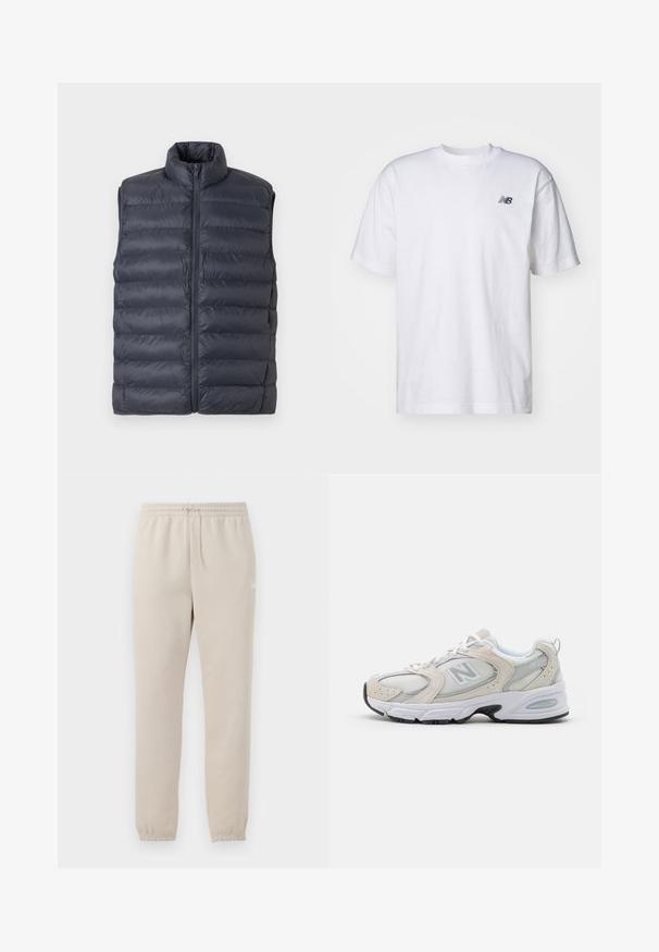 Navy blue quilted sleeveless puffer vest with high collar and front zipper, displayed against a light gray background.; White short-sleeve crew neck T-shirt with small black New Balance logo on left chest against a plain background.; Light beige sweatpants made of soft fabric with an elastic waistband, adjustable drawstring, and tapered cuffs at the ankles.; Athletic shoe featuring a light gray mesh upper with suede accents, white laces, and a black rubber sole. Notable ABZORB cushioning detail.