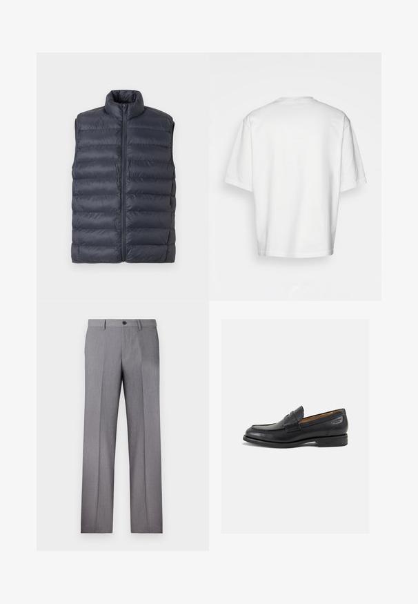 Tamsiai mėlynas sukurtas be rankovių pūkinis liemenė su aukštu apykakle ir priekiniais užtrauktukais, pateiktas prieš šviesiai pilką foną.; Balta trumpa rankovėmis marškinėliai, laisvas kirpimas, apvalus iškirpimas, lygaus džinsinio audinio, nepuošta nugara, tiesiai kraštu, be raštų ar akcentų.; Pilkos pritaikytos kelnės su plokščiu priekiu, dviem šoninėmis kišenėmis ir vienu mygtuko užsegimu. Lygi tekstūra su subtiliu dryželiu.; Juodi odiniai loafersai su lygiu paviršiumi, apvaliu pirštu ir dekoratyvine siūlė viršuje. Žemas sustiprintas kulnas ir lengvas blizgesys.