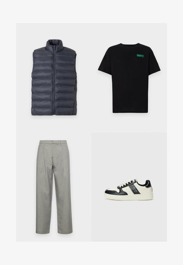 Colete acolchoado sem mangas em azul-marinho, com gola alta e fecho frontal, exibido contra um fundo cinza claro.; T-shirt preta feita de algodão com mangas curtas. Apresenta um logótipo verde "ROOTS" na frente, gola redonda e corte standard.; Calças cinzas ajustadas, feitas de tecido texturizado, com design de perna reta, pregas frontais e uma cintura standard com passantes para cinto.; Ténis de couro com um esquema de cores em preto e creme, apresentando detalhes perfurados, um colarinho acolchoado e uma sola texturizada.