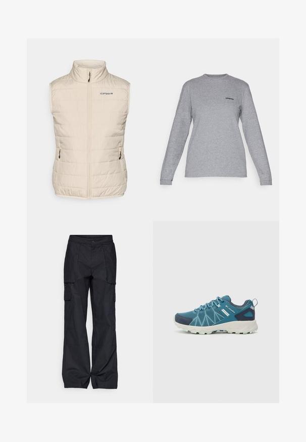 Bežinis izoliuotas liemenė su aukštu apykaklė, priekiniais užtrauktukais ir šoniniais kišenėmis. Apima subtilų horizontalių siūlių raštą ir ženklinimą ant krūtinės.; Patagonia LOGO RESPONSIBILI-TEE - Ilgarankovis viršutinės dalies drabužis - gravel heather; Columbia BREA FALLS™ COTTON RIPSTOP PANT - Lauko kelnės - black; Columbia PEAKFREAK™ II OUTDRY™ - Turistiniai batai - blue heron/skylight