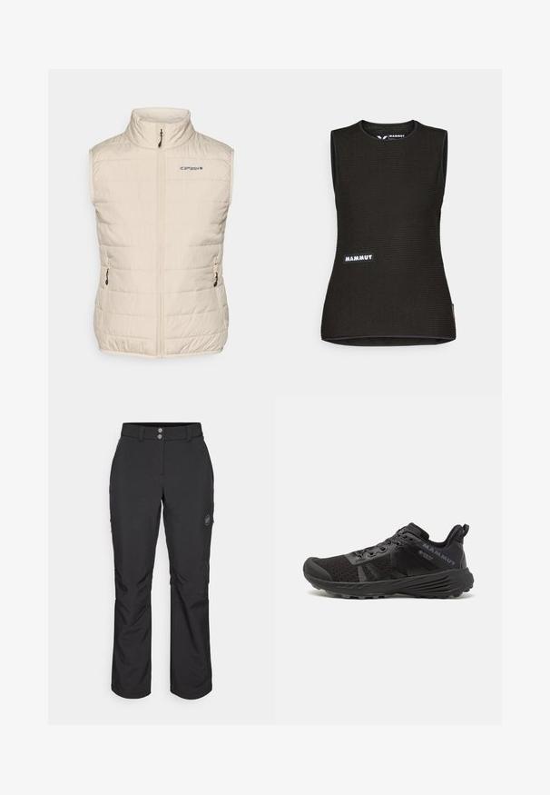 Bežani izolirani prsluk s visokim ovratnikom, prednjim zatvaračem i bočnim džepovima. Uključuje suptilan horizontalni kvadratni uzorak i brendiranje na prsima.; Crna majica bez rukava s teksturiranim uzorkom, ima okrugli izrez i "MAMMUT" logo sprijeda. Izrađena od prozračnog materijala.; Crne vanjske hlače ravnog kroja, s kopčanjem na gumb, bočnim džepovima sa zipom i oznakom na lijevom bedru.; Crne trkaće tenisice s teksturiranim mrežastim gornjim dijelom, ojačanim prednjim dijelom i gumenim potplatom. Imaju sustav vezanja i detalje s logotipom na strani.