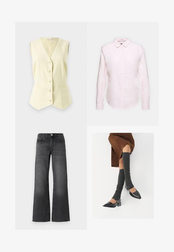 Gilet sans manches, jaune clair, avec un décolleté en V, six boutons centraux et deux poches avant. Tissu lisse avec une coupe ajustée.; Chemise à manches longues rose clair avec un col boutonné, dotée d'un ourlet droit et d'une texture douce, fabriquée en coton léger.; Jean large en denim gris foncé. Dispose de cinq poches, d'une fermeture à bouton et d'un léger effet dégradé sur le tissu. Accent de coutures classiques.; Chaussures à bout pointu en cuir verni noir avec un talon bloc et une bride à la cheville, accompagnées de jambières en maille grise et d'une jupe en daim marron.