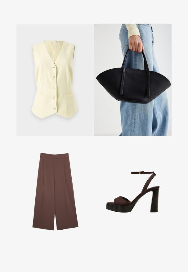 Ärmellose, hellgelbe Weste mit V-Ausschnitt, sechs mittigen Knöpfen und zwei vorderen Taschen. Glattes Material mit tailliertem Schnitt.; Dunkelgraues Kurzarmoberteil mit Bootsausschnitt. Hergestellt aus geripptem Stoff, mit lockerer Passform und sauberem Saum. Einfaches Design, ohne Muster.; Braune Weite-Leg-Hosen mit einer glatten Textur, hoher Taille und Vorderfalten. Der Stoff ist leicht und fällt locker.; Braune Wildleder-Pumps mit offenem Zeh, verstellbarem Knöchelriemen und gestreiftem Plateausohlen.; Schwarze Lederhandtasche mit einzigartiger Fächerform, ausgestattet mit flachen Griffen. Die Oberfläche hat eine genoppte Textur und ein minimalistisches Design.