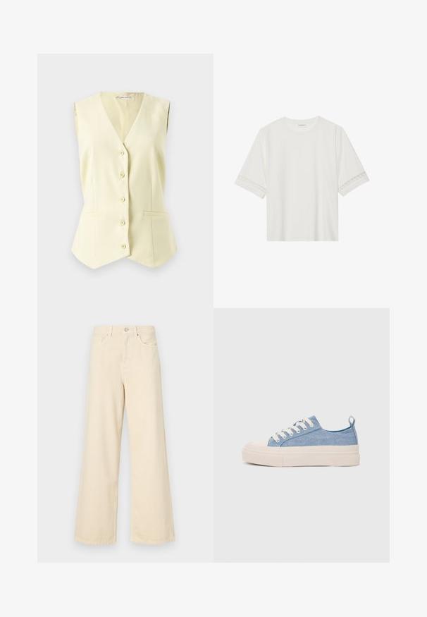 Chaleco sin mangas de color amarillo claro con escote en V, seis botones centrales y dos bolsillos frontales. Tejido suave con un corte entallado.; Camiseta blanca de manga corta hecha de algodón, con un ribete decorativo de encaje en las mangas y un escote redondo.; Jeans de pierna ancha beige fabricados en algodón. Cuentan con un cierre de botón, presillas para cinturón y bolsillos frontales con una textura suave y lisa.; Zapatillas de lona azul claro con una puntera y suela de goma crema, que cuentan con cordones blancos y una lengüeta en el talón.