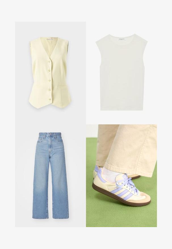 Sleeveless, light yellow vest with a V-neck, six central buttons, and two front pockets. Smooth fabric with a tailored fit.; White sleeveless top with a round neckline. Made of smooth fabric, it features a relaxed fit and minimalist design. No patterns or accents.; Light blue high-waist wide-leg jeans with front button and zip closure, front and back pockets, on a white background.; Cream and lavender sneakers with three stripes and a textured brown sole, featuring laces and a padded heel. Soft fabric upper.