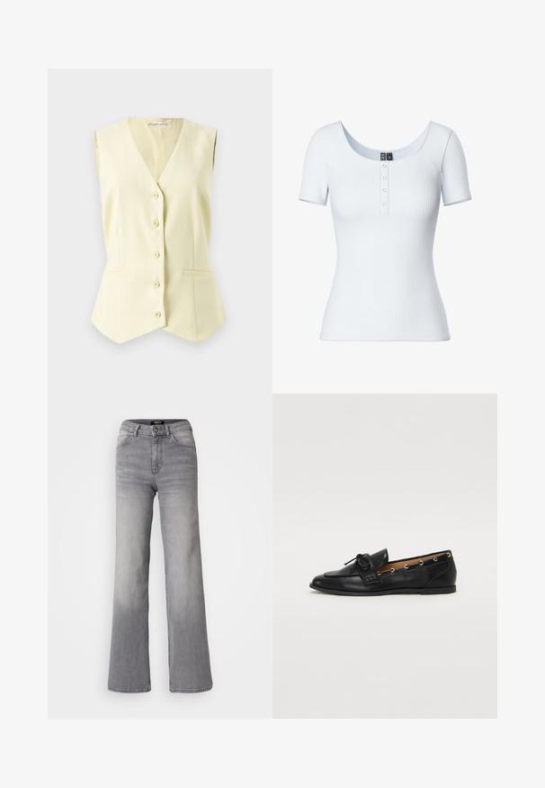 Colete amarelo claro sem mangas, com decote em V, seis botões centrais e dois bolsos frontais. Tecido suave com um ajuste entalhado.; Pieces PCKITTE - T-shirt básica - bright white; Jeans de perna larga cinza claro com cintura alta, design clássico de cinco bolsos, fecho de botão e desbotamento subtil em todo o tecido.; Mocassins de couro preto com um laço atado, apresentando detalhes de ilhós dourados nas laterais e uma sola de borracha plana. Textura suave, design clássico.