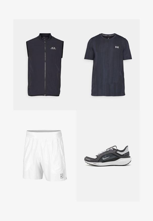 Oakley VEST - Vest - blackout; Tumedan meres lühikeste varrukatega särk, mis on valmistatud hingavast kangast, millel on tekstureeritud muster ja valge Under Armouri logo rindkere piirkonnas.; Valged spordilühikesed püksid, mis on valmistatud kergest kangast, elastse vöökoha ja kahe küljetaskuga. Hemmi peal on väike must logo.; Mustern ja hallide värvusega spordijalats, millel on võrgusilmast ülemine osa, peegeldavad aktsendid ja valge vaheosa. Omab tekstuuriga kummist välisosa ja kingapaelu.