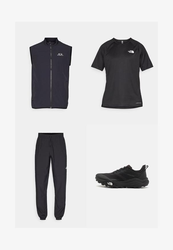 Oakley VEST - Liivi - blackout; Mustat lyhythihaiset urheilupaidat, joissa on teksturoitu kangas, valkoisella logolla vasemmassa rinnassa ja suora helma.; Mustat urheiluhousut, jotka on valmistettu kevyestä kankaasta. Housuissa on naru vyötäröllä, sivutaskut ja kapenevat hihnat nilkoissa.; Musta maastojuoksukengät, joissa on teksturoitu päällinen, kumipohja ja vahvistettu varvastoppia. Varusteena pehmustettu nilkkakappale ja vetotappi helppoa pukemista varten.