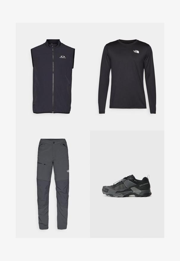 Oakley VEST - Mellény - blackout; Hosszú ujjú fekete teljesítmény póló, könnyű anyagból készült, a bal felső mellen fehér logóval. Sima textúra.; Szürke kültéri nadrág sima textúrával, oldalzsebében cipzárral, megerősített térdszakaszokkal és diszkrét logóval.; Fekete terepfutó cipő tartós hálós felsőrésszel, megerősített orr résszel, texturált gumitalppal és rugalmas fűzőrendszerrel a biztonságos illeszkedés érdekében.