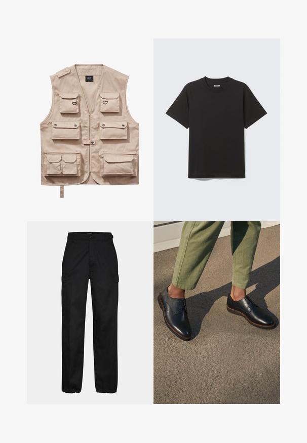 Vesta cargo bej, fabricată dintr-un material durabil, prezentând multiple buzunare cu clapete, închidere cu fermoar și guler. Detaliile includ nasturi metalici cu capsa și inele.; Tricou negru cu mâneci scurte din bumbac moale, cu guler rotund și design simplu, fără modele sau accente.; Pantaloni cargo negri cu o croială dreaptă, dotati cu buzunare laterale, închidere cu buton și manșete elastice la glezne. Confecționați dintr-un material durabil.; Pantofi negri din piele cu vârf ascuțit, având un design cu șireturi și cusături de culoare bej deschis, asortați cu pantaloni de culoare verde măsliniu.