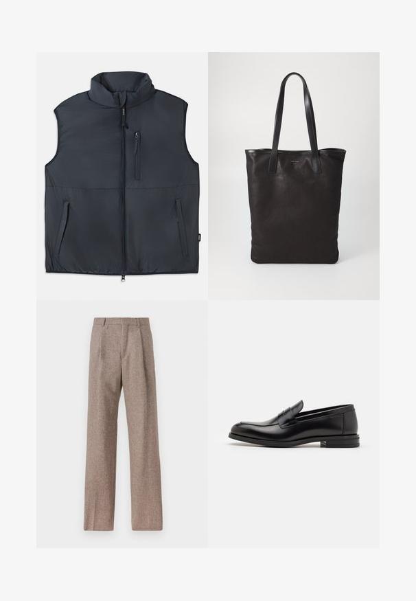 Black sleeveless padded vest with stand collar, front zipper, and three zippered pockets.; White button-up shirt with a collar, featuring subtle vertical stripes, long sleeves, a chest pocket, and classic rounded hem.; Brown, high-waisted trousers made of textured fabric. Features wide legs and two front pleats for structure. Neat finish with no visible hardware.; Black leather loafers with a smooth texture, rounded toe, and a decorative strap across the vamp. Low stacked heel, minimalist design.; Black canvas tote bag with black leather handles. Simple design, spacious body, and a smooth texture. No visible logos or patterns.