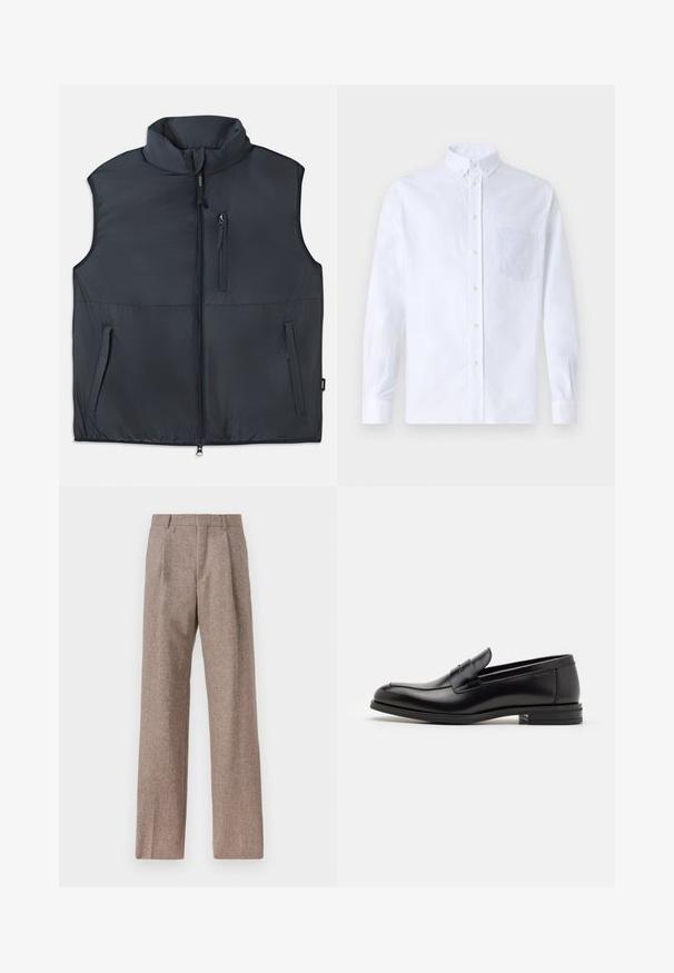 Gilet senza maniche imbottito nero con collo alto, chiusura frontale con zip e tre tasche con zip.; Camicia bianca a maniche lunghe con bottoni, realizzata in cotone, caratterizzata da una tasca sul petto con ricamo tonale, colletto e polsini con bottoni.; Pantaloni marroni a vita alta realizzati in tessuto testurizzato. Presentano gambe ampie e due pieghe frontali per struttura. Rifinitura curata senza hardware visibile.; Mocassini neri in pelle con una texture liscia, punta arrotondata e una striscia decorativa sulla tomaia. Tacco basso impilato, design minimalista.