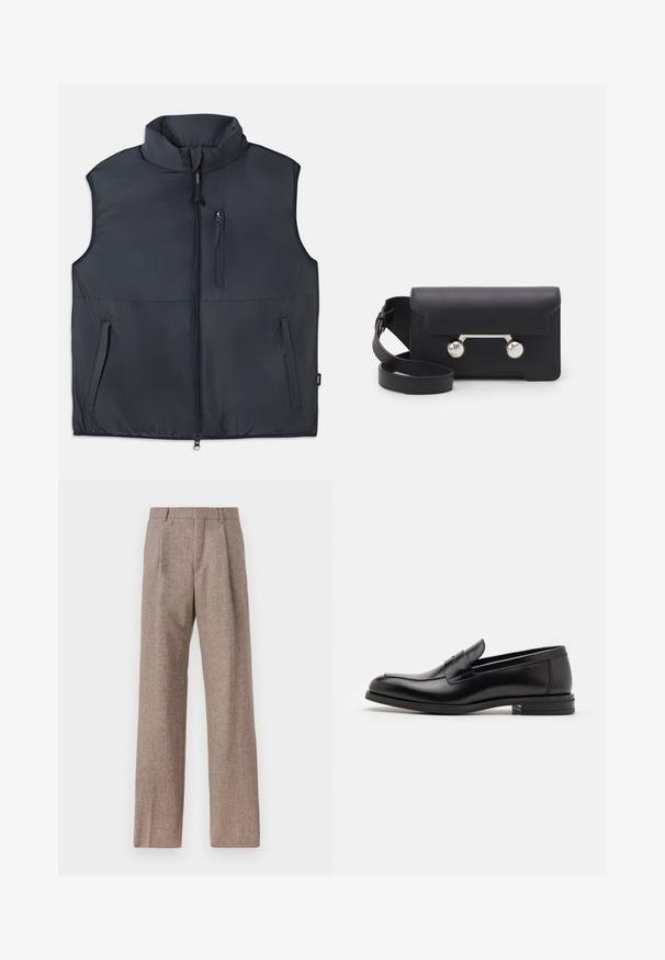 Černá bezrukávová vyteplená vesta s vysokým límcem, předním zipem a třemi kapsami na zip.; Bílá dlouhá košile s knoflíky vyrobená z bavlny, která má náprsní kapsu s tónovanou výšivkou, límec a knoflíkové manžety.; Hnědé kalhoty s vysokým pasem vyrobené z texturované látky. Mají široké nohavice a dva přední sklady pro strukturu. Úhledné provedení bez viditelné kovových částí.; Černé kožené polobotky s hladkou texturou, zaoblenou špičkou a zdobným páskem přes nárt. Nízký stohovaný podpatek, minimalistický design.; Černá kožená crossbody taška s klopovým zavíráním, stříbrným kováním a dvěma kulatými detaily. Obsahuje odnímatelný popruh. Hladká textura.