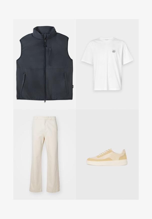 Sort ærmeløs polstret vest med ståkrave, frontlynlås og tre lynlåslommer.; Hvit T-skjorte laget av bomull, med korte ermer, rund hals og en liten grå logo på venstre brystområde. Smooth tekstur.; Beige bomullsbukser med rett ben design, med glidelås og knappstenging foran, glatt tekstur og minimalistisk stil.; Sko i lys gul semsket lær og skinn, med en polstret såle og stiktede detaljer. Klassisk snøring med rund tå.