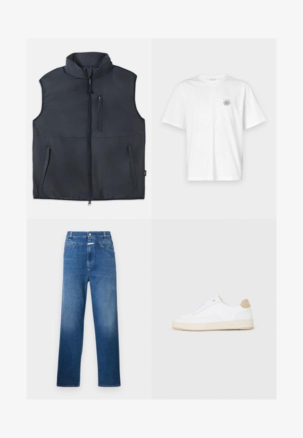 Crna bezrukavna podstavljena jakna s visokim ovratnikom, prednjim zatvaračem i tri džepa s patentnim zatvaračem.; Bijela majica od pamuka s kratkim rukavima, okruglim izrezom i malim sivim logotipom na lijevoj strani prsnog područja. Glatka tekstura.; Plave traperice ravnog kroja, s gumbom za zatvaranje, petljama za pojas i suptilnim izblijedjenjem na bedrima.; Bijele niske tenisice s gornjim dijelom od teksturirane kože, kremasto žljebastim potplatom i smeškim akcentom na peti. Imaju bijele vezice i detalj s logotipom na peti.