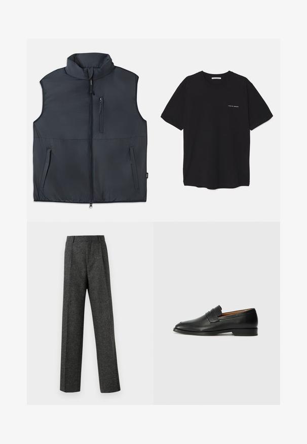 Vesta neagră fără mâneci, căptușită, cu guler în picioare, fermoar frontal și trei buzunare cu fermoar.; Tricou din bumbac negru, cu guler rotund, mâneci scurte și un imprimeu alb cu logo pe partea stângă a pieptului. Design simplu, de culoare uniformă.; Pantaloni gri ajustați din țesătură texturată, prezentând două pliere frontale și un design drept. Fără buzunare vizibile sau ornamente.; Lofer din piele neagră, cu vârf rotund, detalii cusute subtile și toc jos, având o textură netedă și un design minimalist.