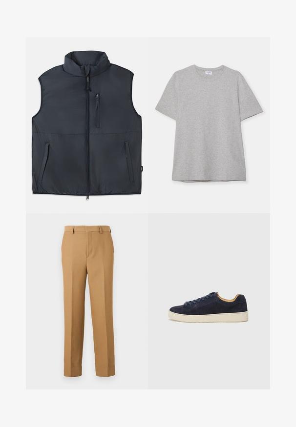 Sort ærmeløs polstret vest med ståkrave, frontlynlås og tre lynlåslommer.; Grå kortermet T-skjorte laget av myk, teksturert stoff. Har en klassisk rund hals og en rett kant, passende for uformell bruk.; Beige dressbukser laget avvevd stoff, med rett snitt, flat front og beltehemper. Glatt tekstur uten synlige mønstre.; Marineblå semsket lav sneaker med rund tå, off-white gummisåle og matchende snørebånd; har en kontrasterende tan indvendig foring.