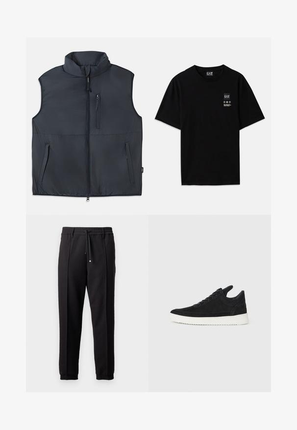 Colete preto sem mangas, acolchoado, com colarinho alto, fecho frontal em zípper e três bolsos com zípper.; T-shirt de algodão preto com mangas curtas, decote redondo e uma pequena etiqueta com logótipo na parte da frente, apresentando símbolos de cuidado em branco.; Calças pretas com uma cinta na cintura, cordão ajustável e punhos elásticos. Apresenta pregas e um tecido liso e texturizado.; Sapatilha de camurça preta com sola de borracha branca, apresentando costuras tonais e um design com atacadores. Textura suave com uma forma moderna e simplificada.