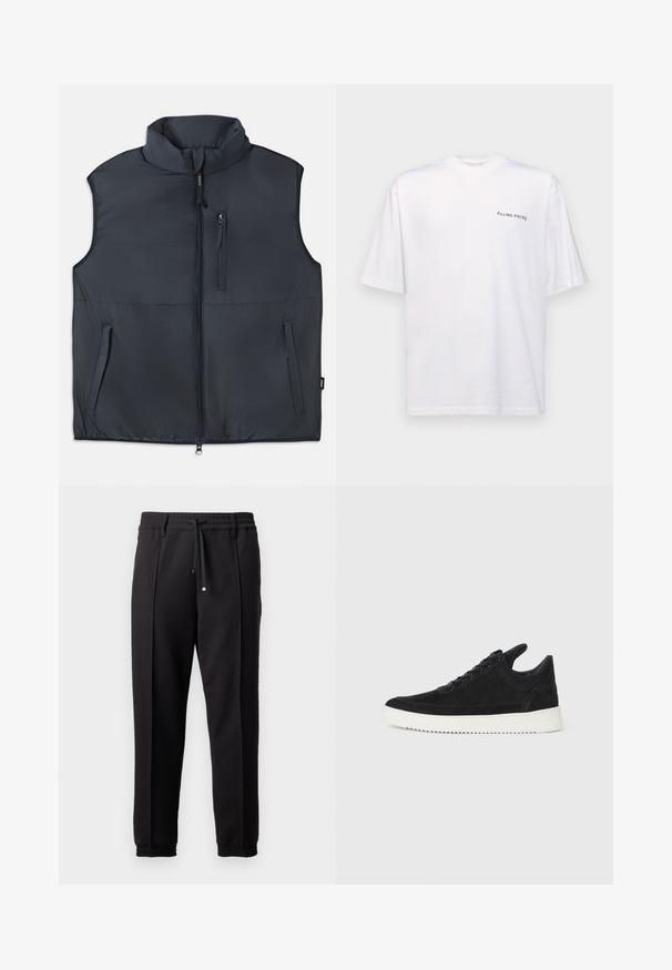 Melnā bezpiegu vestē ar stāvo apkakli, priekšējo rāvējslēdzēju un trim rāvējslēdzēja kabatām.; Baltas īsām piedurknēm T-kreklis no kokvilnas ar V veida kakla izgriezumu, uz kura kreisajā pusē ir melns "FILLING PIECES" logo.; Melni bikses ar jostu, staipāmu un elastīgām aprocēm. Ar krokām un gludu, teksturētu audumu.; Melna zamša apavi ar baltu gumijas zoli, ar tonālu izšuvumu un auklu dizainu. Gluda tekstūra ar mūsdienīgu, plūstošu formu.