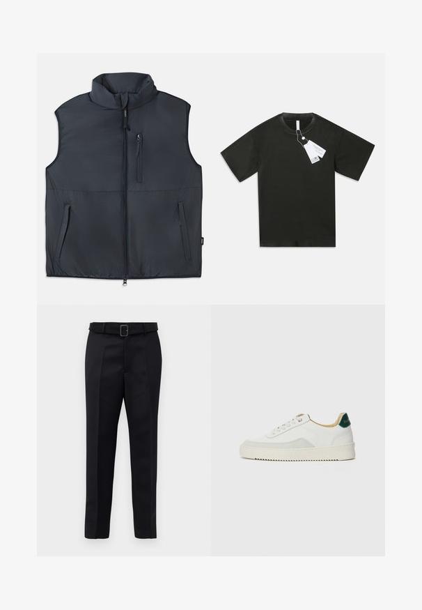 Mustaga ilma varrukat p padded vest, seisev krae, esi tõmblukk ja kolm tõmblukuga taskut.; Must värvi lühikeste varrukatega puuvillane T-särk ümmarguse kaelakaelusega, millelt ripub valge tootetagi, tavalise valge tausta peal.; Mustad mustad püksid on valmistatud siledast kangast, sirgelt lõigatud ja beldiga vöökoht, millel on ristkülikukujuline pandla. Märkimisväärsed esisellukid täiustavad disaini.; Valged tennisjalanõud, millel on sametised aktsendid, ümar varvas, lame nöörid ja kreemjas kummine põhja. Hästi nähtav roheline bränding kannal.