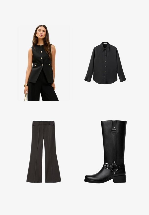 Schwarze ärmellose Weste mit hohem Ausschnitt, ausgestattet mit goldenen Knöpfen und Taschen mit Klappen, aus einem glatten Stoff mit taillierter Passform.; Schwarz langärmliges Hemd aus glattem Stoff, mit klassischem Kragen, frontaler Knopfleiste mit goldfarbenen Knöpfen und breiten Manschetten.; Schwarze, weit geschnittene Hosen mit hoher Taille; verfügt über zwei Fronttaschen und eine glatte Stoffoberfläche. Geeignet für verschiedene Anlässe.; Hohe schwarze Kunstlederstiefel mit einer abgerundeten Zehe, einem Akzentgürtel-Schnallen-Detail und einem stabilen Absatz. Glatte Textur und vertikale Naht am Schaft.