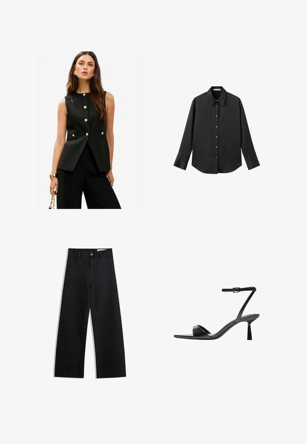 Črna brezrokavnik z visokim ovratnikom, ki ima zlate gumbe in žepke s poklopci, izdelan iz gladkega materiala z oprijetim krojem.; Črna majica z dolgimi rokavi iz gladkega materiala, z klasičnim ovratnikom, sprednjim zapiranjem na gumbe z zlatimi gumbi in širokimi manšetami.; Črne široke denim hlače z visokim pasom, ki imajo sprednje in zadnje žepe, šivane šive ter gumbasto zapiranje. Gladka tekstura.; Bershka Sandali z visoko peto - black