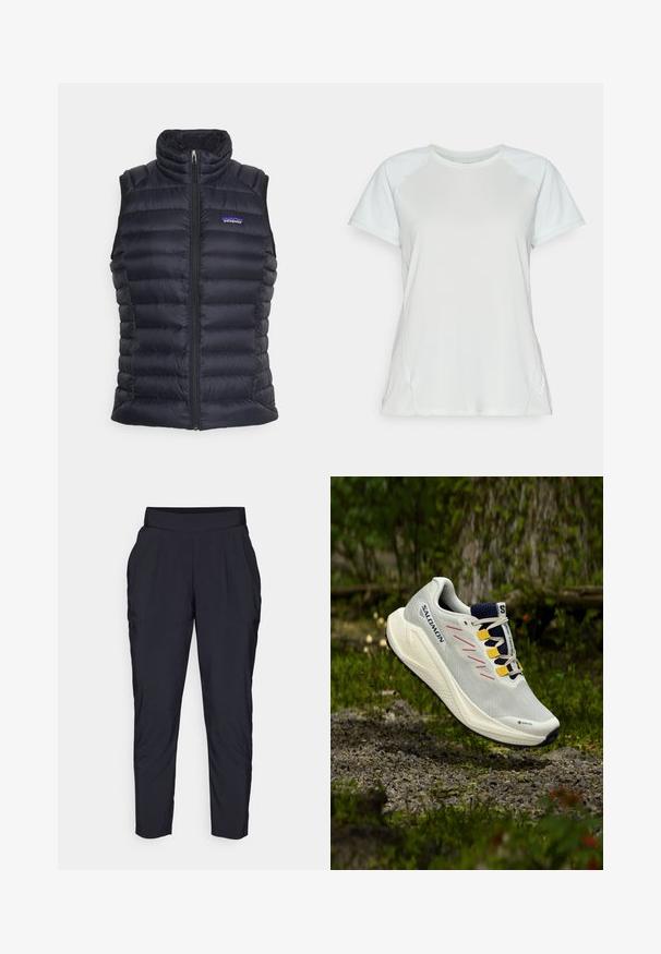 Fekete, szigetelt puffervállszíj magas gallérral, steppelt kialakítással, elöl cipzáros záródással és oldalsó zsebekkel. A mellrészen egy apró logó található.; Rövid ujjú világosszürke sport póló, kontrasztos világoskék vállpanelekkel, sima textúrával és varrott díszítésekkel az omlások mentén.; Fekete, szűkített szárú nadrág széles, rugalmas derékpánnnal, elülső redőkkel és oldalsó zsebekkel. Finom, könnyű anyagból készült.; Fehér futócipő szürke és rózsaszín kiegészítőkkel, GORE-TEX jelzéssel, hálós felsőrésszel és texturált talppal, kültéri terepre tervezve.