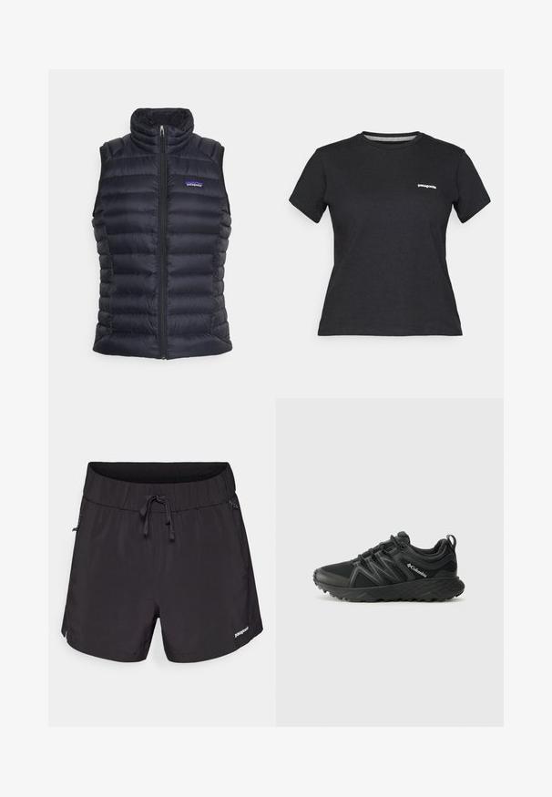 Crni izolirani puffer prsluk s visokim ovratnikom, kvadratnim dizajnom, prednjim zatvaračem i bočnim džepovima. Ima mali logo na prsima.; Crna pamučna majica s okruglim izrezom i kratkim rukavima. Ima bijeli "Patagonia" logo na lijevoj strani prsa.; Crne kupaće hlače od lagane tkanine, s elastičnim pojasom, špagom i bočnim džepovima za funkcionalnost.; Columbia PEAKFREAK - Obuća za pješačenje - black