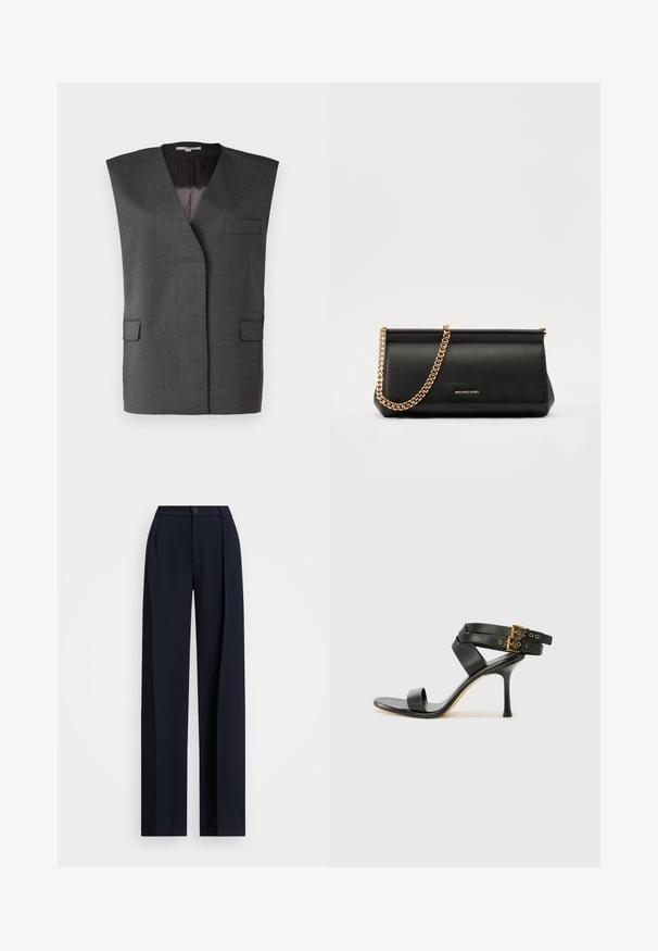 Sivi prsluk bez rukava s išijanskim ovratnikom, dva prednja džepa i glatkom unutrašnjosti. Izrađen od teksturirane tkanine s prilagođenim krojem.; Bijela lanena košulja s dizajnom na dugmad, kratkim prevrnutim rukavima, ovratnikom i zaobljenim rubom. Ima svijetle gumbe.; Mornarske široke hlače s plisama, kopčanjem na dugme i glatkom teksturom tkanine. Dizajnirane za slobodan, udoban kroj.; Crne sandale s petom sa preklapanim trakama i podesivim kopčanjem. Imaju glatku teksturu i suženi stiletto potplat.; Crna kožna torbica sa zlatnim lančićem, koja se odlikuje glatkom teksturom, pravokutnim oblikom i utisnutim brendom na prednjoj strani.