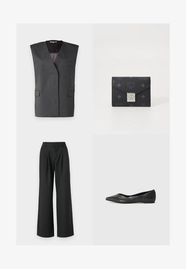 Pilkas be rankovių švarkas su įpjovimu, dviem priekinėmis kišenėmis ir lygia vidine pamušalu. Pagamintas iš tekstūruoto audinio su pritaikytu siluetu.; Balta medvilninė marškinėliai su mažu juodu logotipo dizainu su sparnais ir „MCM“ centre. Trumpi rankovės ir apvalus kaklas.; Won Hundred CAMILLE TROUSERS - Kelnės - licorice; Juodas odinis baleto batelis su smailiu носu, žemu kulnu ir lygiu paviršiumi. Minimalistinis dizainas su subtiliu šoniniu akcentu.; Juodas odinis piniginė su tekstūruota paviršiumi, iškiliais logotipo raštais, trikampiu užsklandu ir metaliniu sidabriniu užraktu su grandinėle.