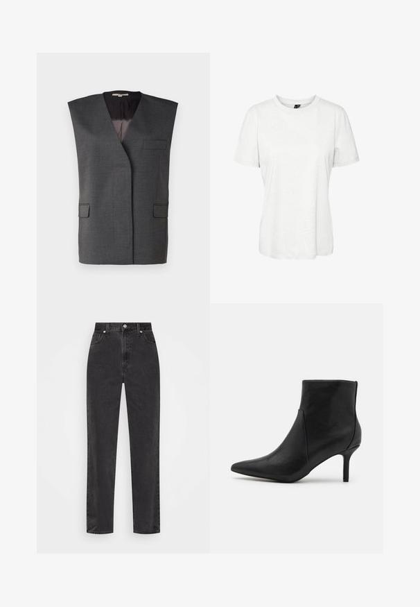 Gray sleeveless vest with a notch lapel, two front pockets, and a smooth inner lining. Made from a textured fabric with a tailored fit.; White short-sleeve t-shirt made of cotton with a round neckline and a relaxed fit. Smooth texture and no visible patterns or embellishments.; Straight-leg black denim jeans with high waist, front button and zipper, and five-pocket styling on a white background.; Anna Field Ankle boots - black