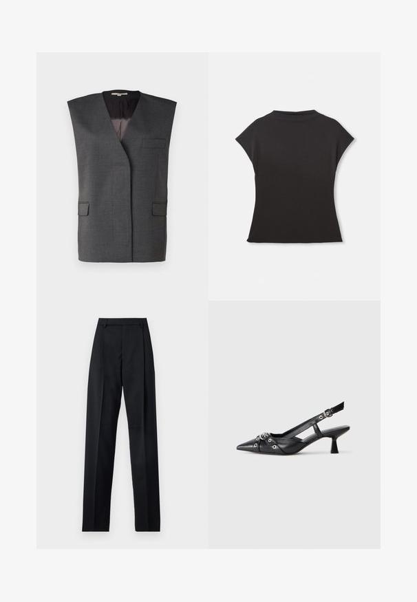 Sivi prsluk bez rukava s išijanskim ovratnikom, dva prednja džepa i glatkom unutrašnjosti. Izrađen od teksturirane tkanine s prilagođenim krojem.; Crna majica kratkih rukava s visokim dekolteom i opuštenim krojem. Izrađena od mekog materijala s glatkom teksturom. Bez vidljivih uzoraka ili grafika.; Crne hlače od glatkog materijala s visokim strukom, širokim nogavicama, prednjim pregibima i klasičnim petljama za remen. Nema vidljivih bočnih džepova.; Crne kožne cipele s remenom oko pete, s izduženim vrhom, dekorativnim trakama s metalnim rupama i niskom blok petom. Teksturirana površina.
