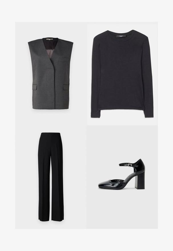 Grå ermeløs vest med spiss revers, to frontlommer og et glatters innerfor. Laget av et teksturert stoff med en skreddersydd passform.; Svart langermet skjorte med rund hals, laget av mykt stoff. Har et enkelt design og subtile sømdetaljer langs kanten.; Sorte vidde bukser med en glatt tekstur, med høy midje og sentrale folder. Ingen synlige mønstre eller maskinvaredetaljer.; Sorte lakk lær høye hæler med firkantet tå, ankelrem og chunky hæl. Inkluderer perforerte detaljer langs kanten.