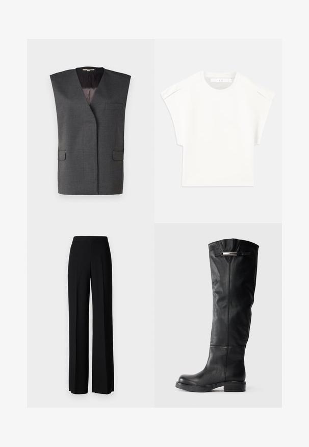 Colete cinza sem mangas com lapela em bico, dois bolsos frontais e um forro interior suave. Feito de um tecido texturizado com um ajuste ajustado.; T-shirt branco em forma de caixa com mangas curtas. Feita de um tecido suave, apresenta um decote redondo e sutis acentos nos ombros. Design simples.; Calças largas pretas com uma textura suave, apresentando uma cintura alta e pregas centrais. Sem padrões visíveis ou detalhes em metal.; Botas de couro pretas até ao joelho com uma textura suave, bico redondo e um salto baixo em bloco. Possuem um detalhe prateado na parte superior.